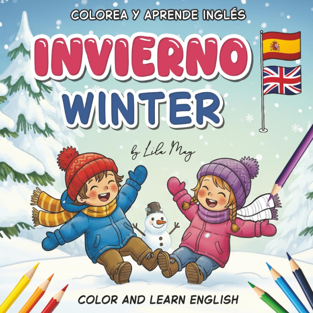 Colorea y aprende inglés: Palabras de invierno para niños | Libro para colorear bilingüe español-inglés