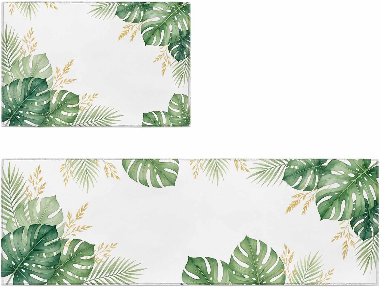 Kitchen Mats for Floor Summer Green Monstera Gold Leaf Washable Non Slip Kitchen Rugs 2PCS, Tropical Palm Leaves Absorbent Standing Mats for Sink Bathroom Office Living Room 15.7x23.6in+15.7x47.2in