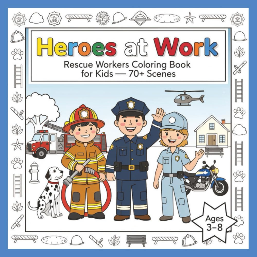 Heroes at Work: Rescue Workers Coloring Book for Kids: 50 Bold-Line, Child-Friendly Police, Firefighter & Paramedic Scenes (Ages 3–8)