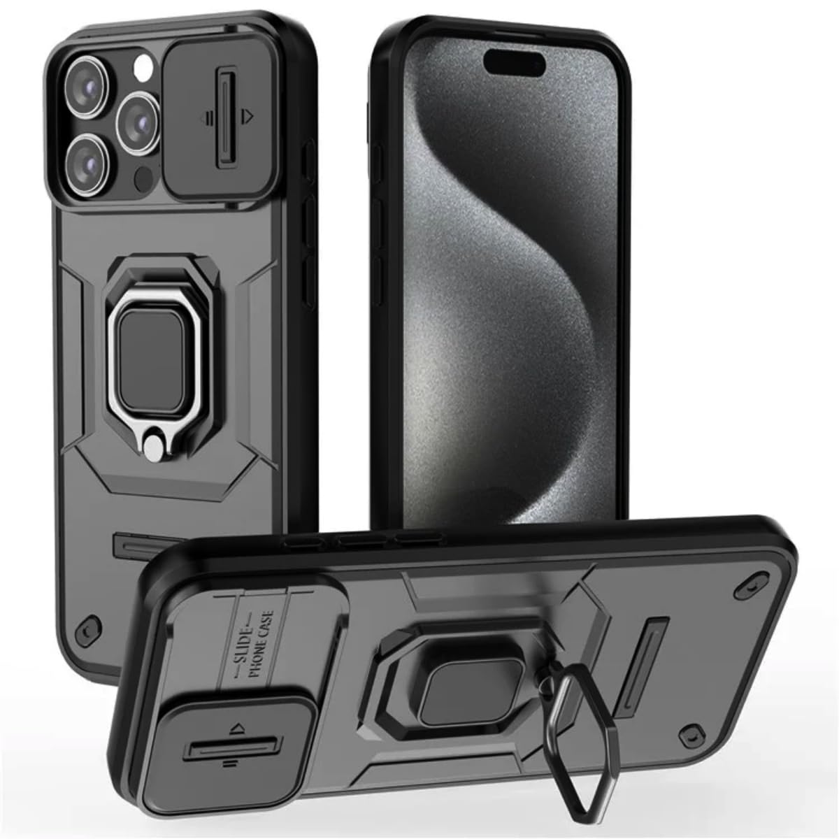 SHINESTARSHINESTAR Tough Armor iPhone 16 Pro Max Bumper Back Case Cover | Ring Holder & Sliding Camera Shield Cover | 360 Degree Protection Back Case Cover for iPhone 16 Pro Max (Black)