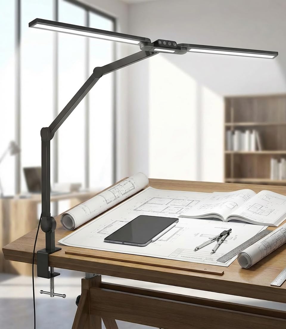Schreibtischlampe LED Dimmbar, 24W 1500LM Doppelkopf 95cm Breit mit 7 Gelenke Schwenkarm Auto-Dimming Tischlampe für L-Form Schreibtisch & Dual-Monitor, Home Office, Schwarz