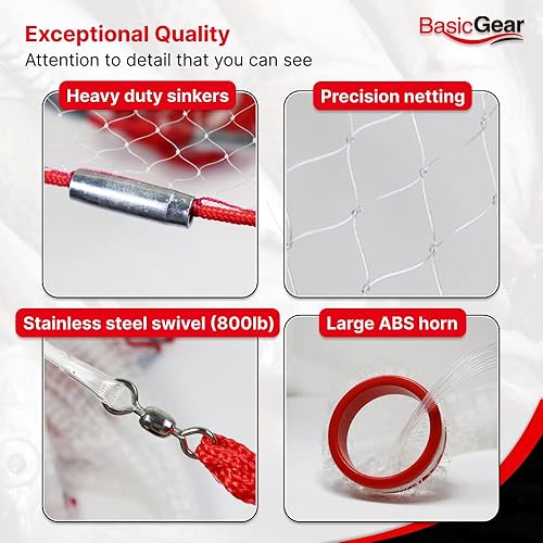 Miniatura 4 de BasicGear Red de Atarraya Radio de 3-12 pies, malla de 3/8 o 1/4 pulgadas para peces de cebo de agua dulce y salada Grado profesional