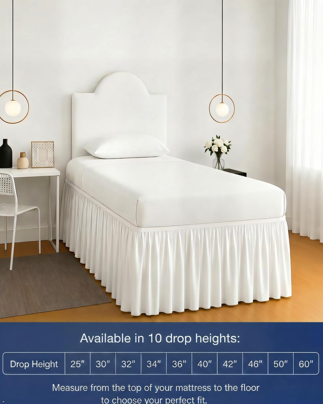 Dorm Bed Skirt Twin XL 32 Inch Tailored Drop, Dorm Skirt with Split Corners, College Dorm Essentials, 100% Microfiber Fabric Dorm Bed Skirt for Twin XL Dorm Beds (White,TwinXL-32)