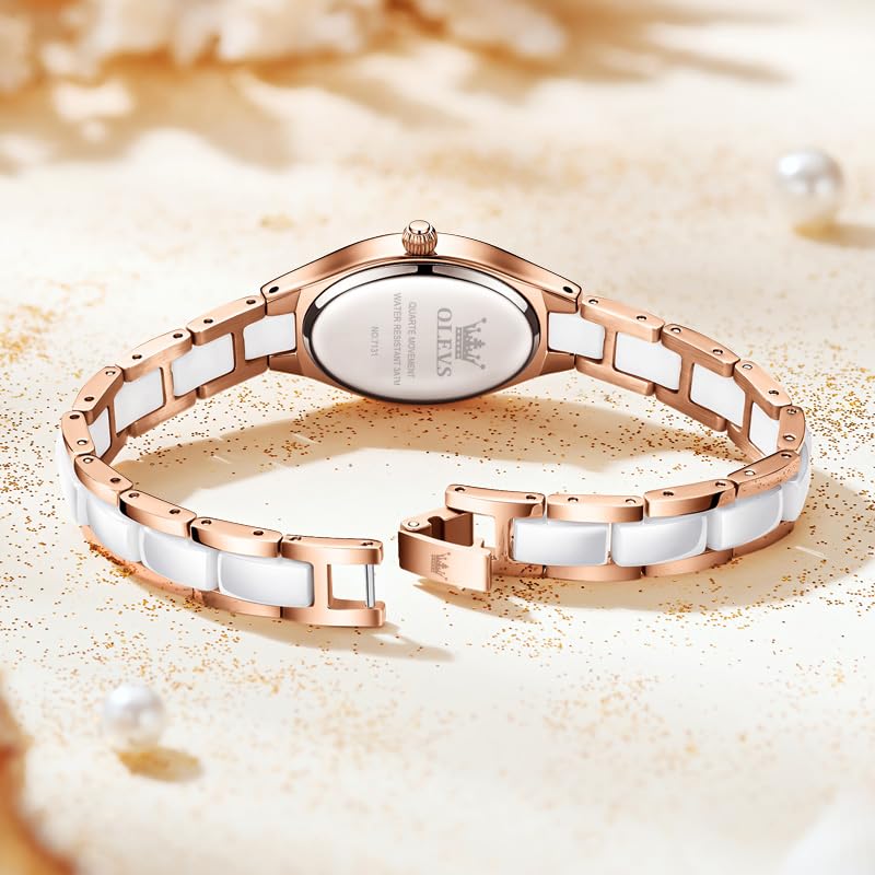 Image of OLEVS Women's Quartz Watches - Elegant Oval Diamond Dress Watch with Ceramic Band, 30M Waterproof Ladies Wrist Watch for Dress & Casual Wear (Rose Gold Blue /Red /Purple /White)