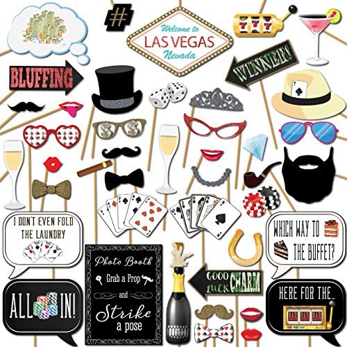 Casino Photo Booth Props - 41-pc Selfie Props with 8 x 10-Inch Sign, 60 Glue Dots, 45 Sticks - Las Vegas Party Decorations - Casino Theme Props - Game Night Photo Booth Props