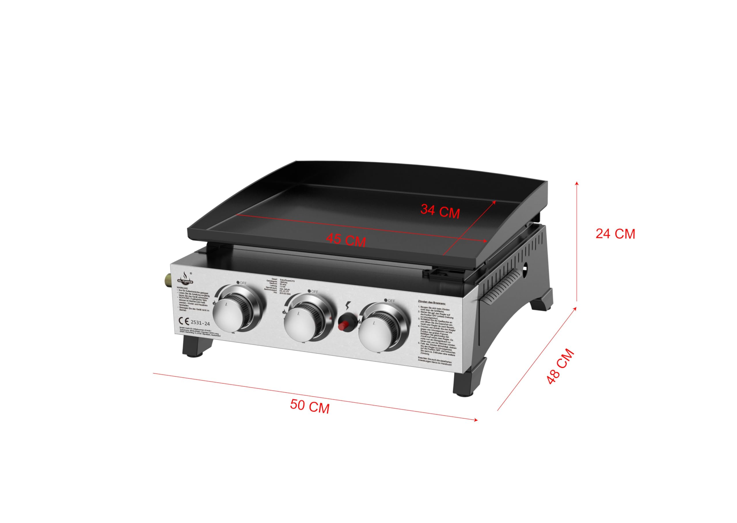Plancha grill gazowy "AUSTIN III" firmy El Fuego®, 3 główne palniki o mocy 2,5 kW, w zestawie wąż gazowy i reduktor ciśnienia, grill BBQ | AY 4420