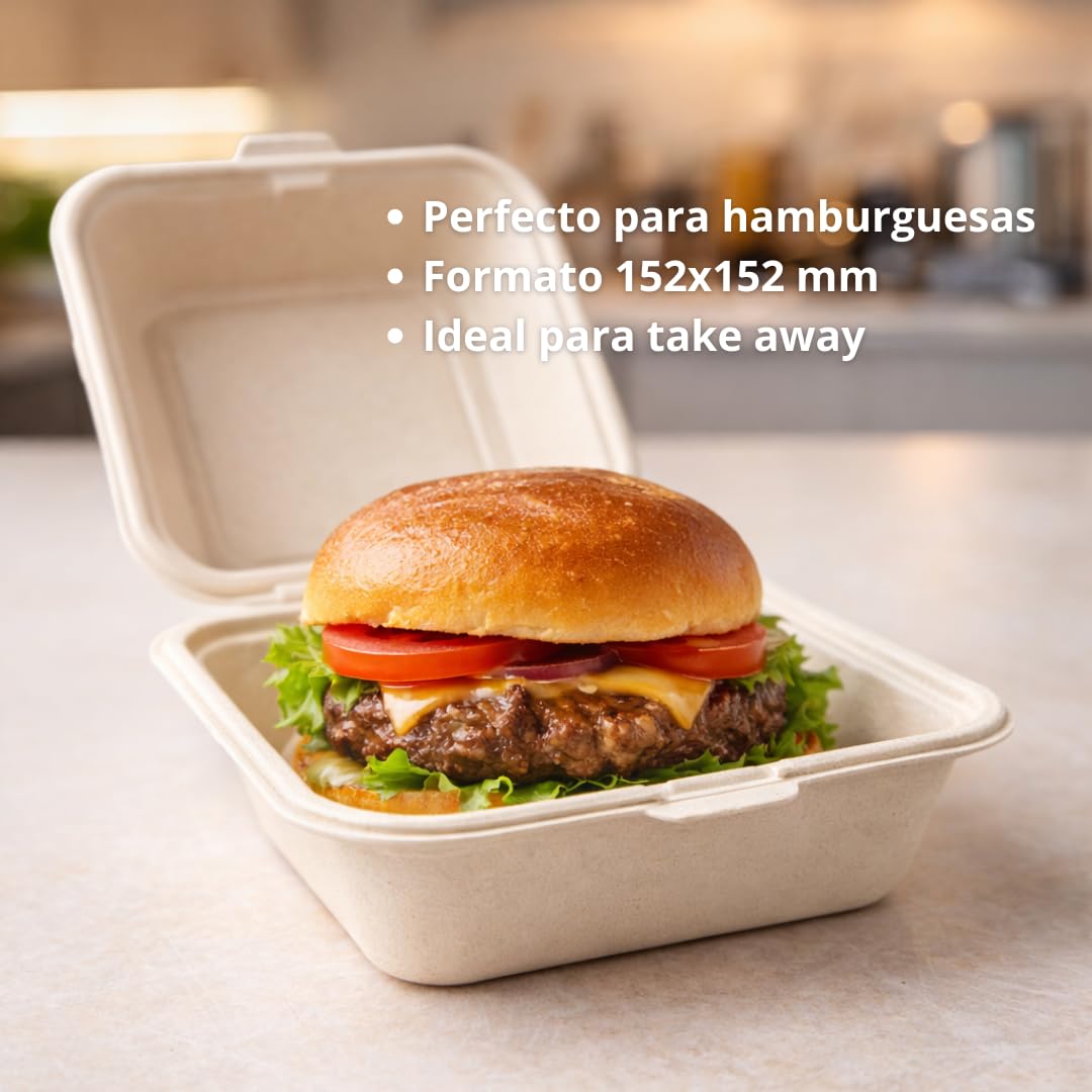 Envases Desechables para Alimentos 500 ml Pack 50 Unidades | Tupper Desechables Biodegradables con Tapa 152x152 mm | Cajas Comida para Llevar Aptas Microondas y Horno (50)