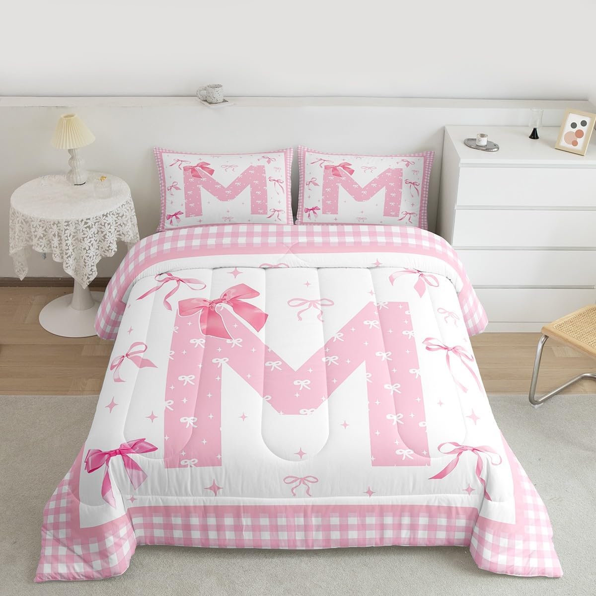jejeloiu Kawaii Pink Bow Comforter Set Twin Initial M Bedding Set Cute Coquette Bow Knot Duvet Quilt Gifts for Women Teen Girl,Bedroom Decor Personalized Letter M Microfiber 2 Pcs with 1 Pillow Cases