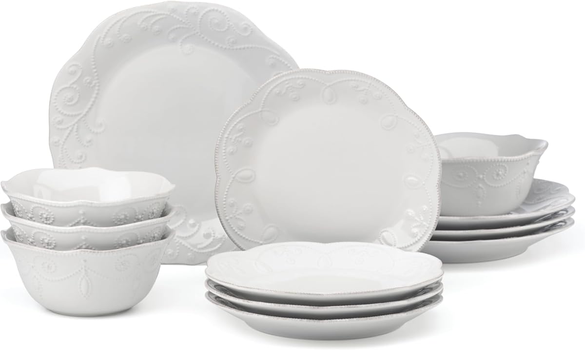 French Perle White Stoneware Dinnerware Set with All-Purpose Bowls | dishwasher safe, microwave safe | plates and bowls sets for kitchen and dining, dish set, dishes | 20oz