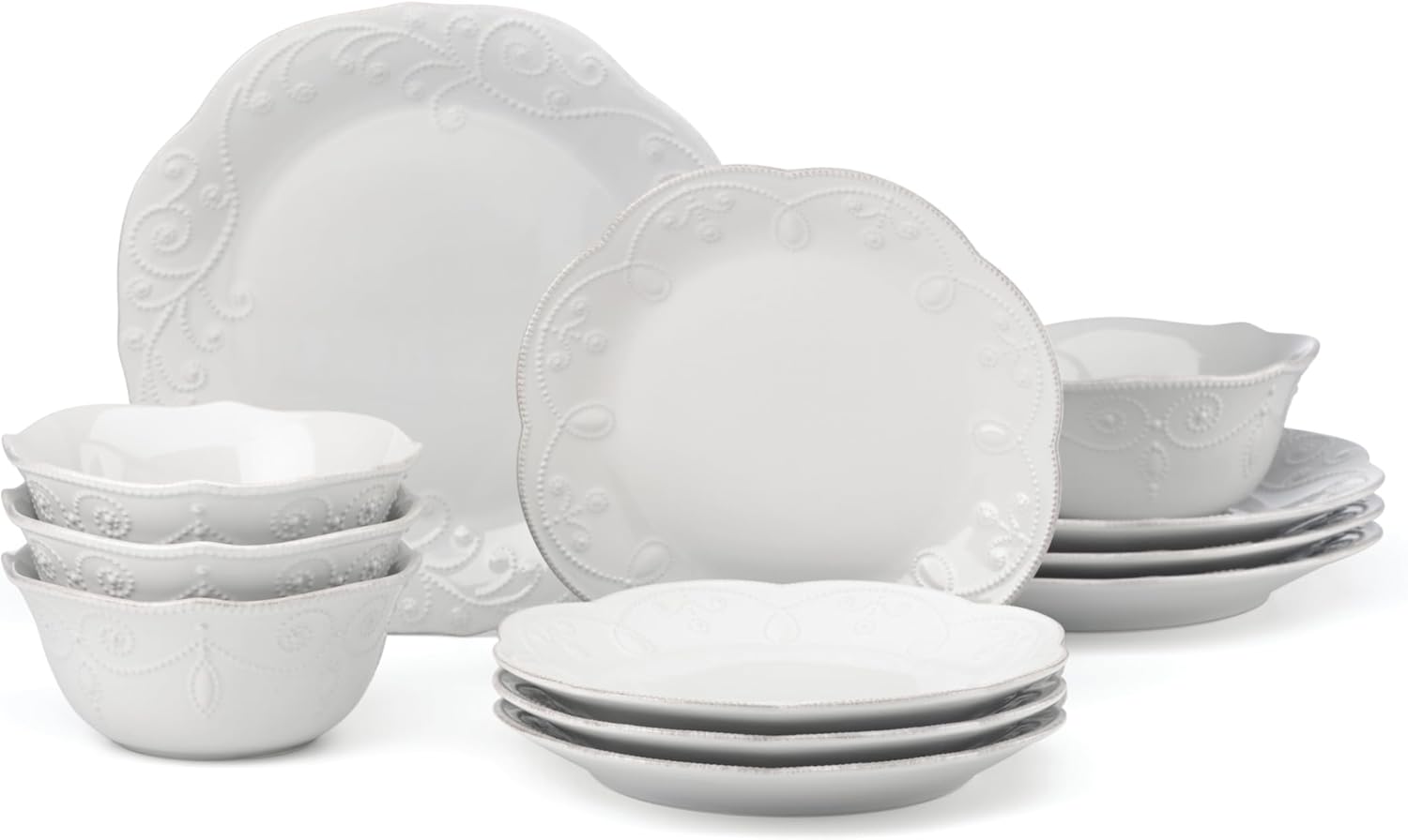 Lenox Dinnerware Set, French Perle White 12-Piece Set, Service For 4, Stoneware Material, Dishwasher Safe, Microwave Safe, Plates, Bowls, Home & Kitchen, Plates And Bowls Sets (White, 12 Piece)