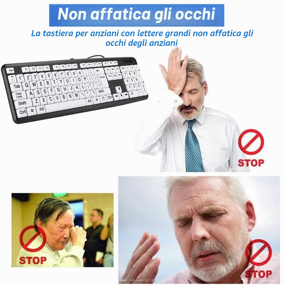 Cuifati Tastiera con visione bassa, tastiera senior cablata USB con tasti di grande pressione, tasti grandi, tastiera portatile compatta cablata per laptop/PC, nero, alta