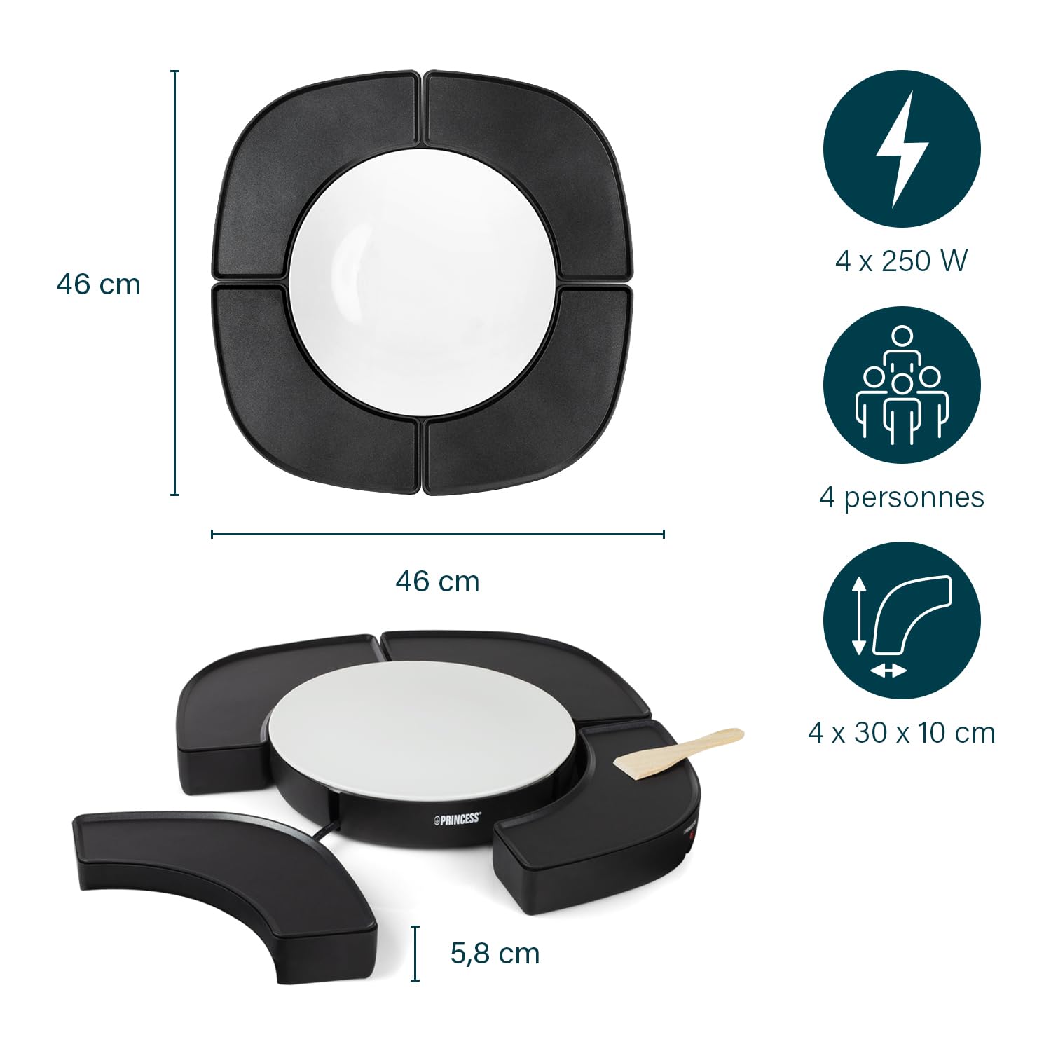 Ensemble de cuisson convivial Princess Dinner4All Circle - 4 plaques de cuisson individuelles - 2 utilisations - 4 x 250 W - Spatules incluses