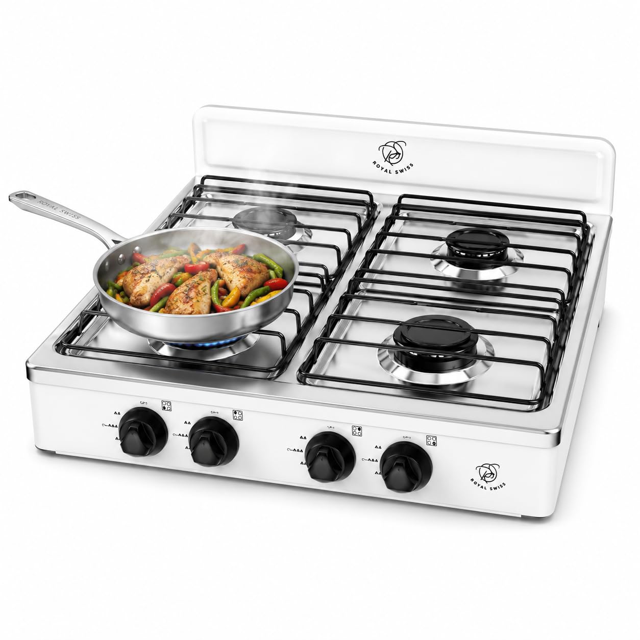 Royal Swiss 4-flammiger Gasherd AOTE-6004, LPG Kochfeld mit Aluminium-Druckgussbrennern, Tragbarer Gaskocher für Butan Propan, Metallgehäuse, Zündung, Camping Garten Balkon