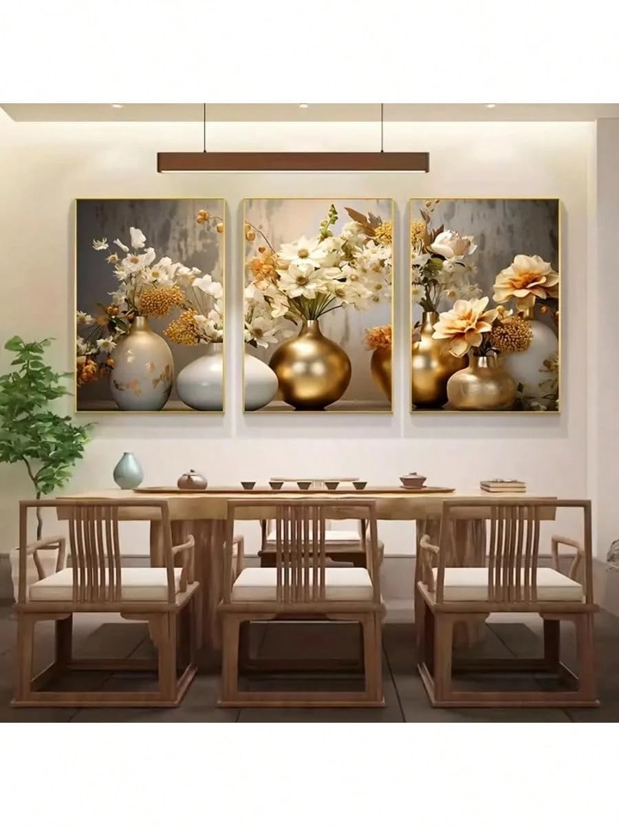 lianyibo Nowoczesny abstrakcyjny zestaw 3 obrazów z wazonami, kwiatowe i botaniczne wydruki do sypialni, biura i salonu (60 x 80 cm x 3 / bez ramki)