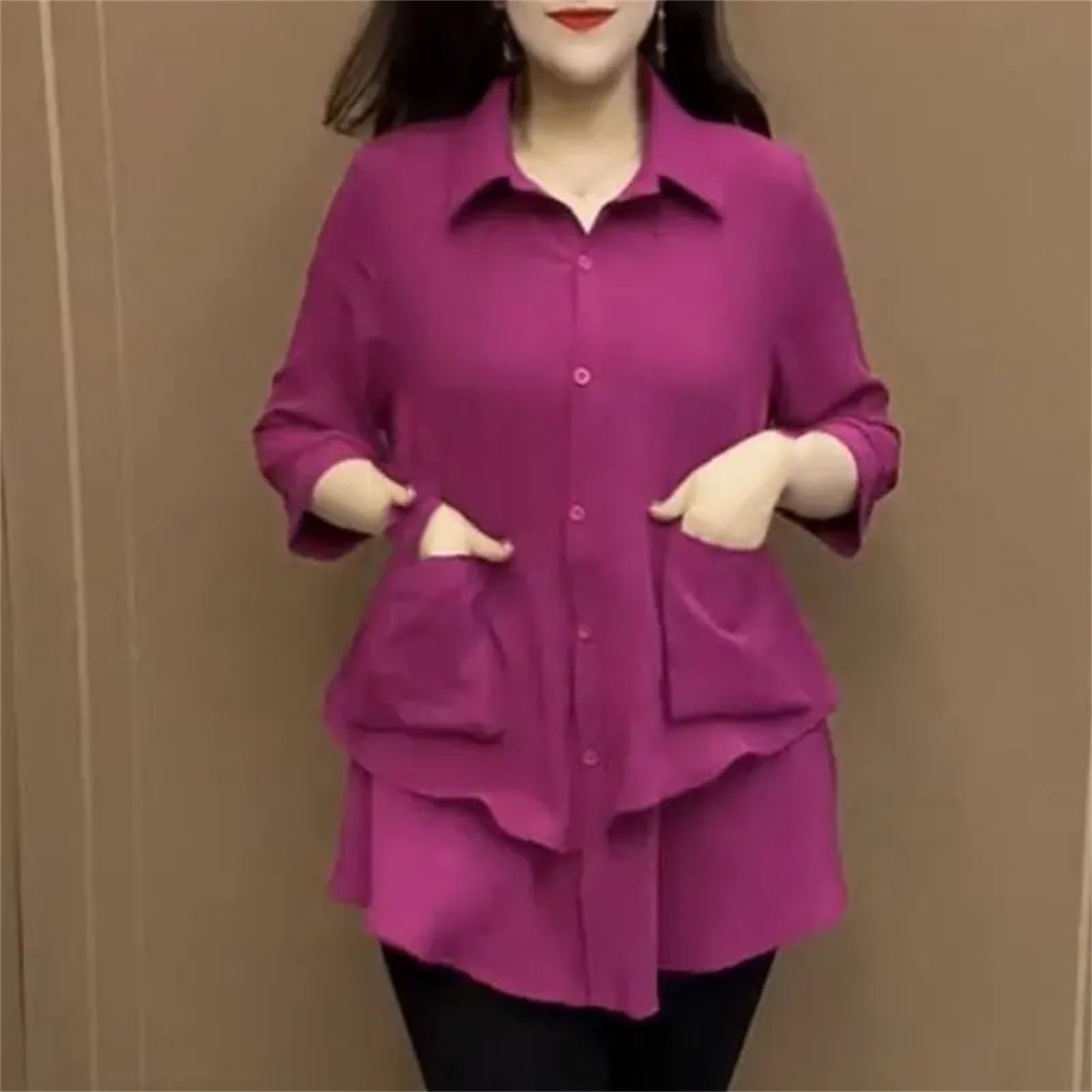 Blusa holgada con bolsillos de retazos para mujer, con solapa, manga 3/4, color liso, camisa de un solo pecho