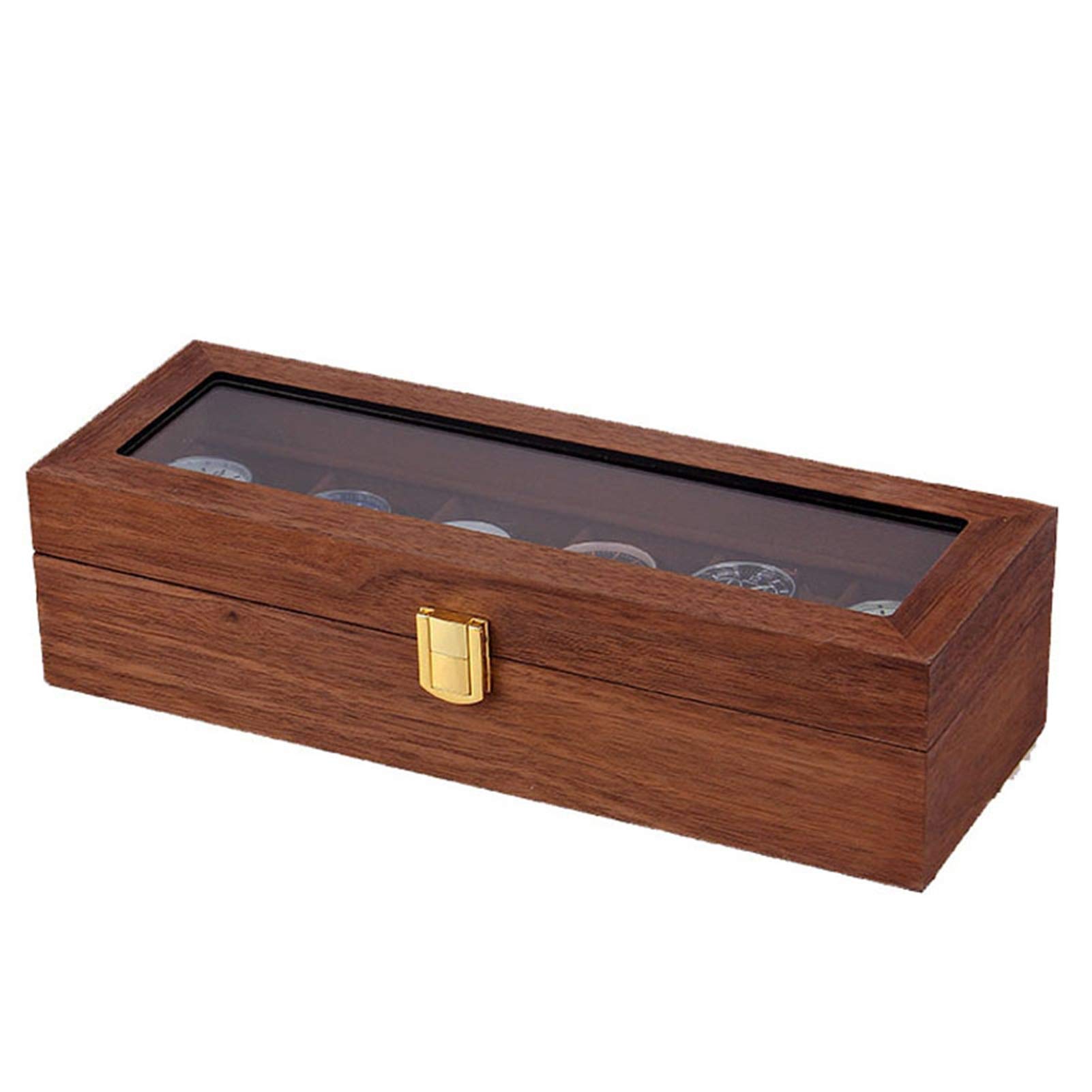 Pudełko na zegarki męskie, pudełko do przechowywania w stylu vintage, lite drewno, 6 przegródek, organizer na biżuterię, bransoletkę, wyświetlacz, szkło, zamykana, kuferek do przechowywania, dla mężczyzn i kobiet, organizer