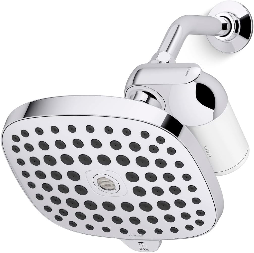 Cabezal de ducha con filtro para acuífero KOHLER R24670-G-CP con sistema de filtro de agua, cabezal de ducha multifunción con kit combinado de filtros para la piel y el cabello, cromo pulido