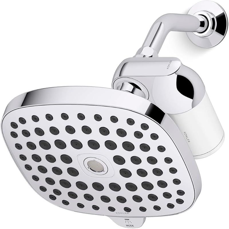 Cabezal de ducha con filtro para acuífero KOHLER R24670-G-CP con sistema de filtro de agua, cabezal de ducha multifunción con kit combinado de filtros para la piel y el cabello, cromo pulido