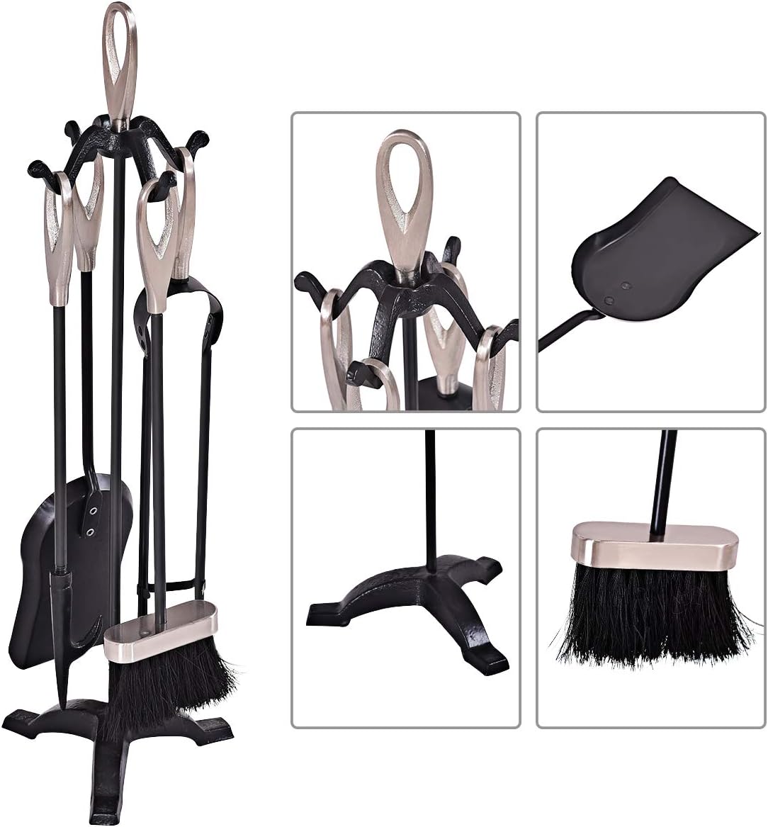 Tangkula Fireplace Set 5 Piece Rustic Heavy Duty Compact Wrought Iron Fire Place Tool Set with Pedestal Place, Hearth Tool, 25.5"