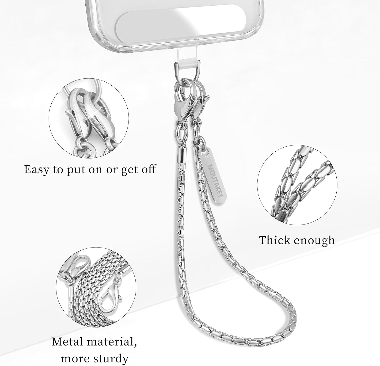 MOUTAKEY Phone Wrist Strap Metal Phone Chain Wristlet Detachable Cellphone Lanyard with 2 Tether Tabs iPhone Wrist Strap For Women iPhone Bracelet Wristlet for girls Shopping Traveling Party Walking image 3