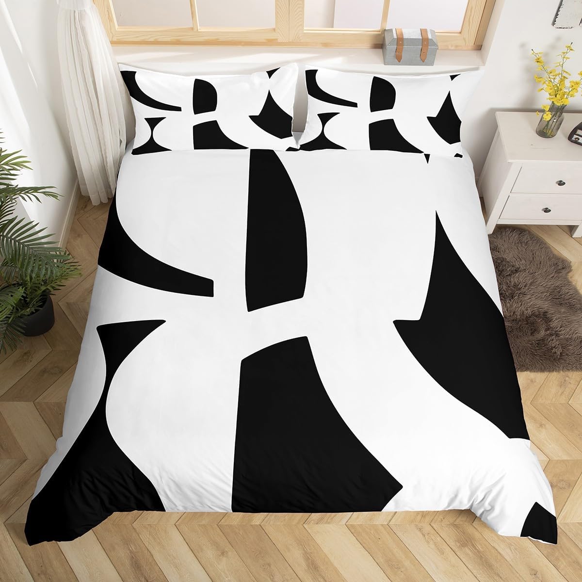 jejeloiu White and Black Duvet Cover Abstract Toddler Size Bedding Set for Kids Boys Girls Modern Geometric Abstract Art Comforter Cover Soft,No Comforter