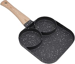 MISNODE Frigideira antiaderente de 3 seções, panela de ovo frito, panela 2 em 1, panela dividida, frigideira de ovos, fritadeira de café da manhã, alça para cozinhar presunto, omelete de ovo, muffins de bacon