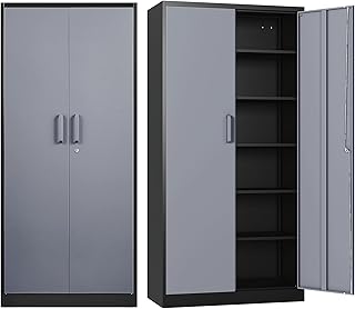 BYNSOE Metal Storage Cabinet Metal Garage Locker Cabinets with Locking Door and 5 Adjustable Shelves, Steel Classic Storage Cabinet for Home, School, Office, Garage (Black Gray-Style 2)