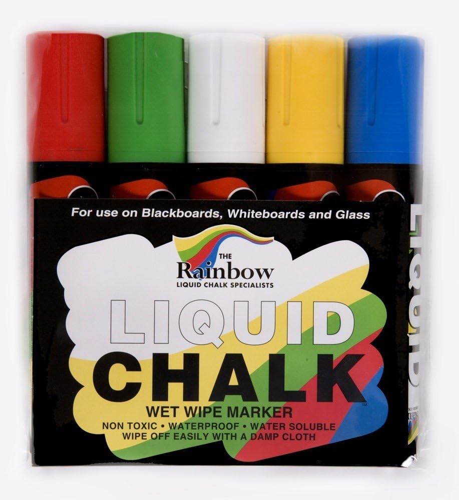 Liquid Chalk Marker Pens Large 5 Pack Assorted 15mm Wet Wipe Erasable