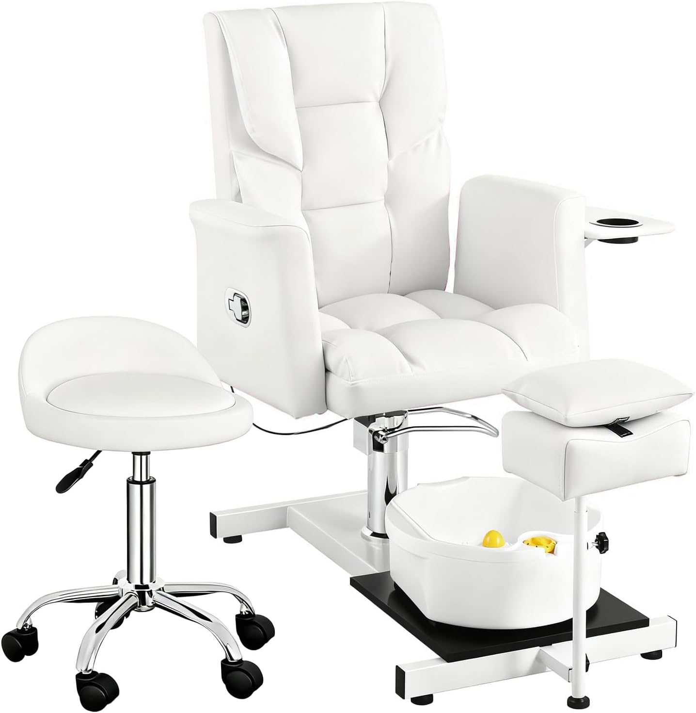 Pedicure Chair with Stool & Bubble Massage Foot Bath, Hydraulic Pedicure Chair for Nail Tech, No Plumbing, 360 ° Rotation for Beauty Spa Salon Unit Station White