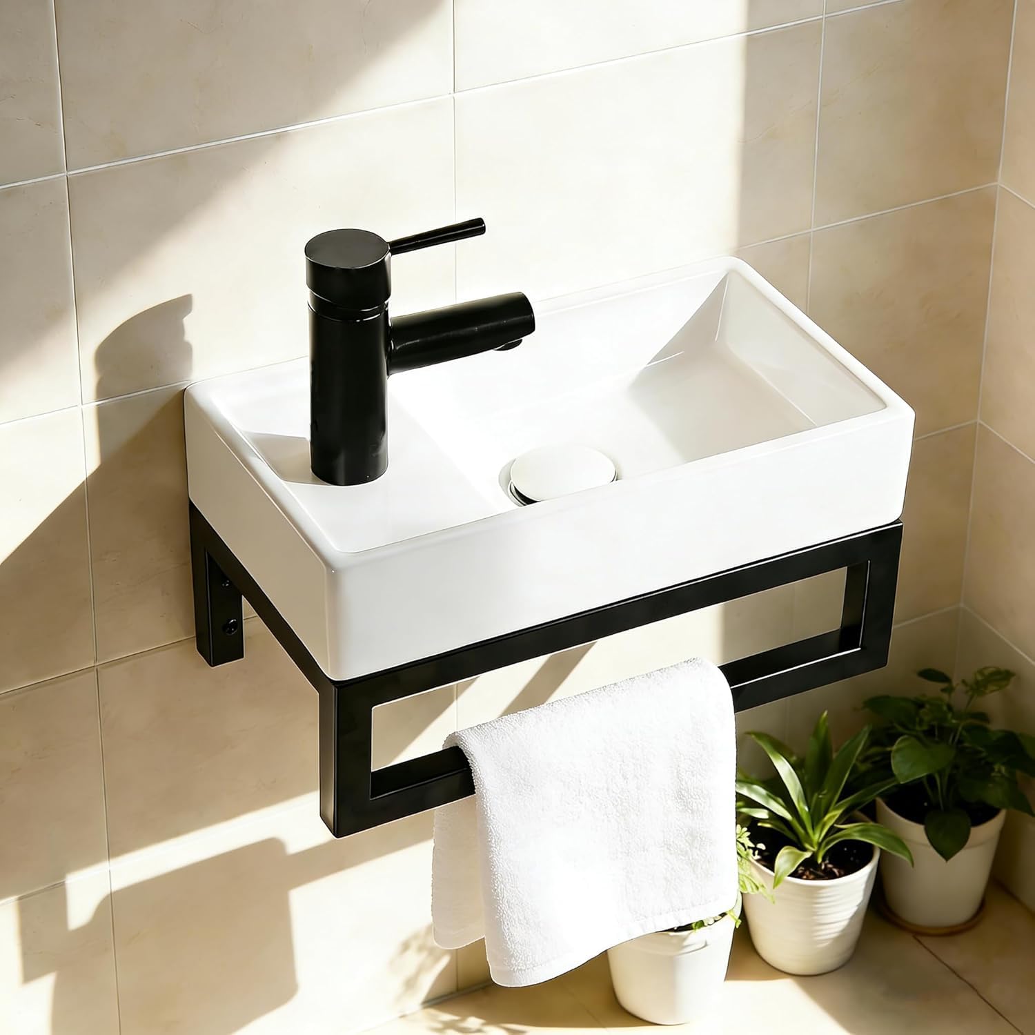 NUESTRA VIDA Lavabo de Cerámica para Baño de Invitados 40x22 cm - Compacto con Rebosadero y Estructura Metálica Negra Mate - Ideal para Espacios Pequeños