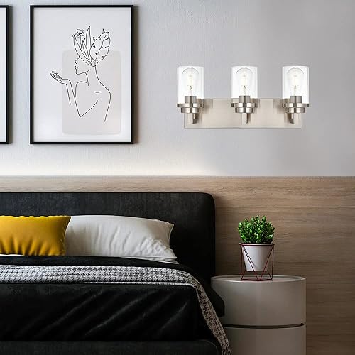 Miniatura 10 de MELUCEE Lámpara de tocador de baño de 5 luces, acabado de níquel cepillado con pantalla de vidrio transparente, accesorios modernos de montaje en