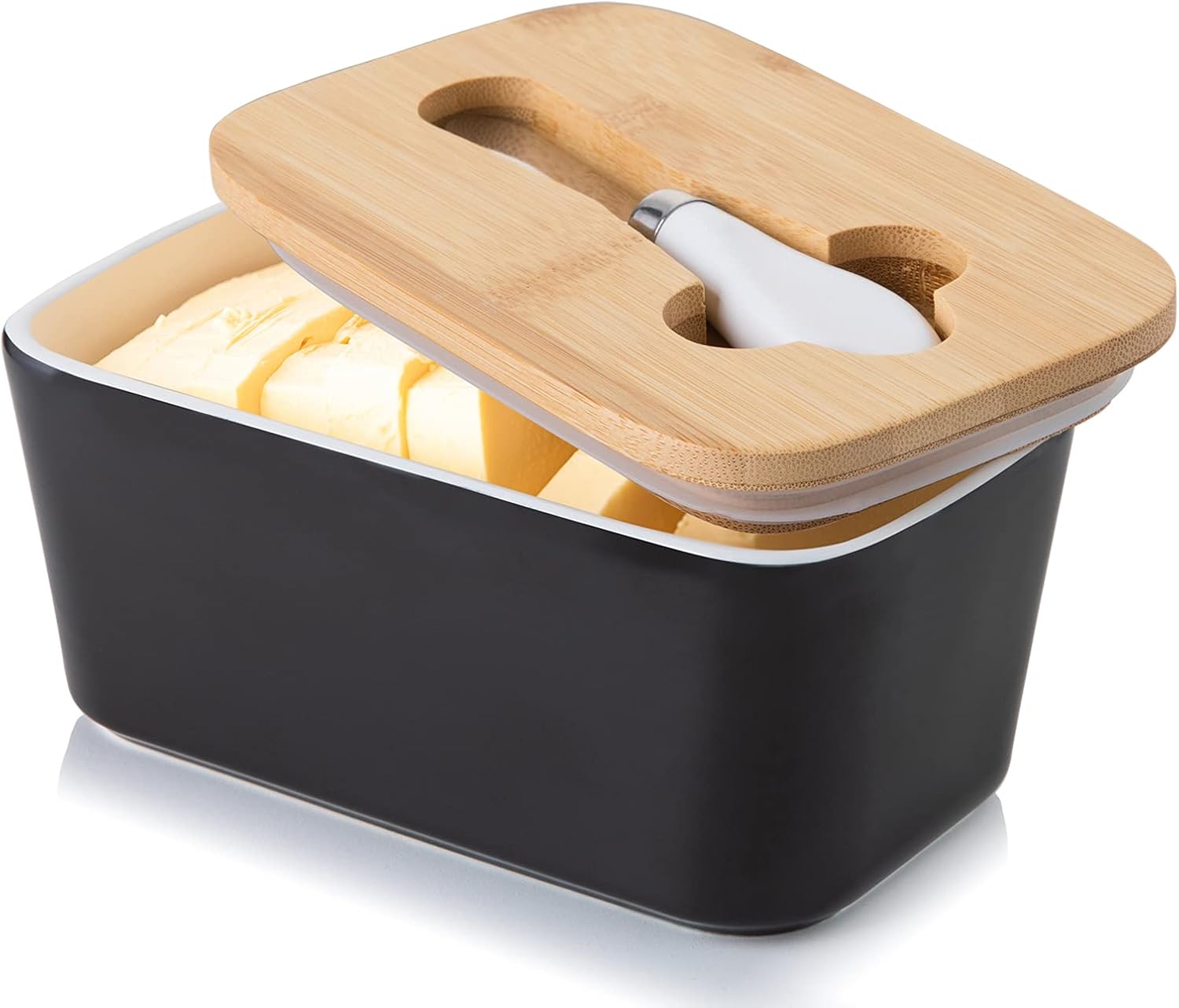 Porcelain Butter Dish with Knife & Wooden Lid, Candiicap Airtight