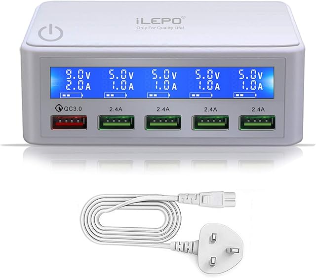 iLEPO Multiple USB Charging Station with Smart LED Display, 50W USB Multi Charger support Quick Charge 3.0 Charger Adapter for Oneplus Samsung Redmi and more (White)