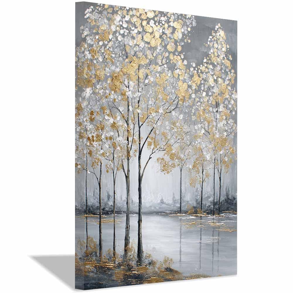 Xeniou Multicolor Tree Wall Art Gold Silver Trees Reflection Canvas Painting Wall Art, Living Room Bedroom Hallway Stairs Decoration.(Multicolor)-70X100cm Framed