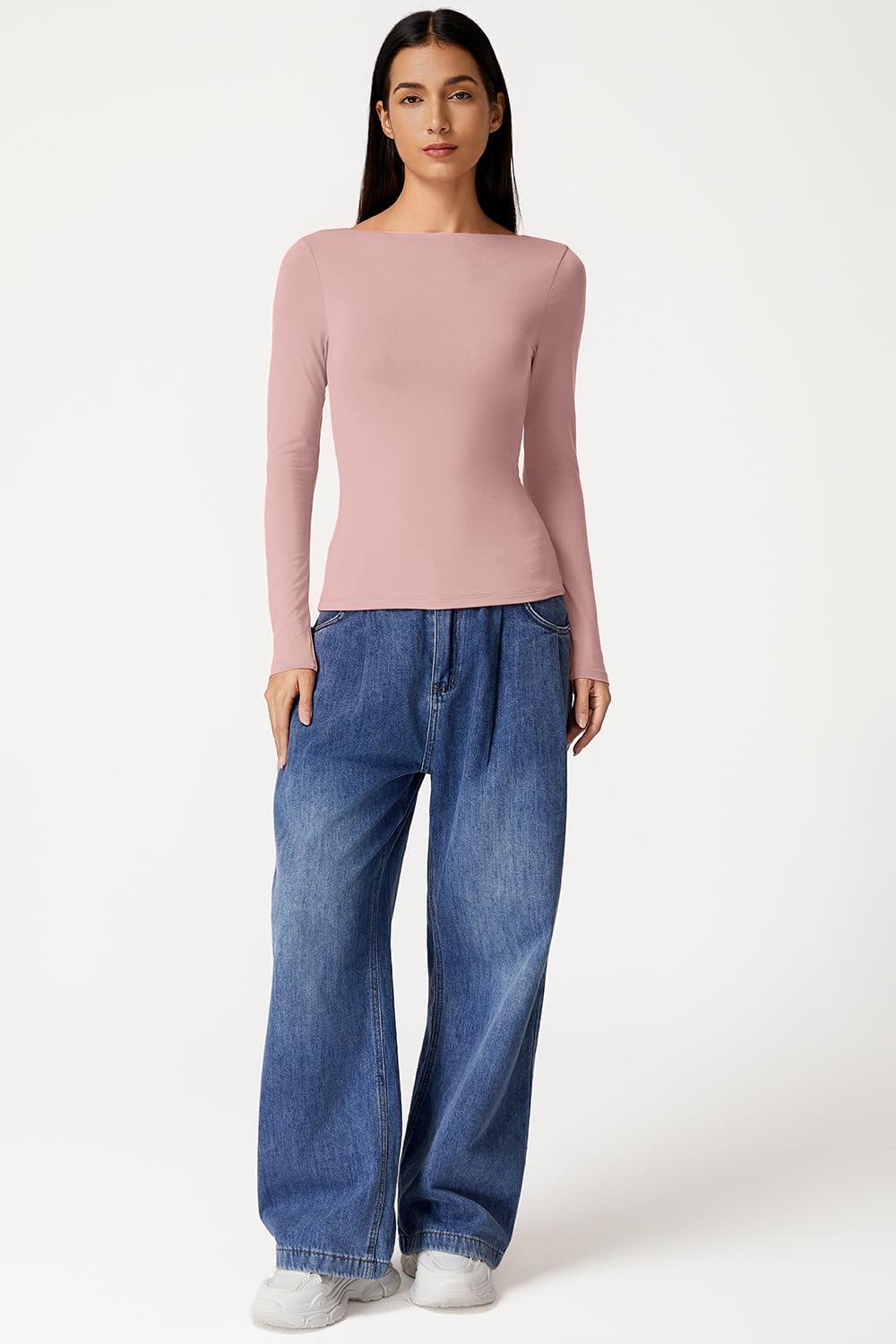 QINSEN Women Cowl Back Long Sleeve Tops Boat Neck Double Lined T-Shirts Regular Fit Casual Fall Tee Pink M - Image 6