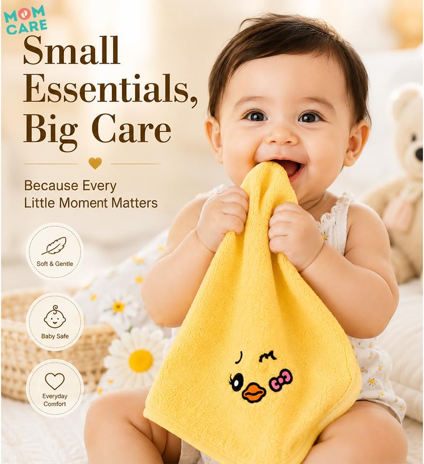 Image of MomCare Newborn Baby Gift Set with Premium Gift Bag & 3 Soft Cotton Baby Napkins, Cute Yellow Washcloth Handkerchief Towels for Infants, Baby Shower Gift, Welcome Baby Hamper for Boys & Girls Yellow Set 3 Pcs