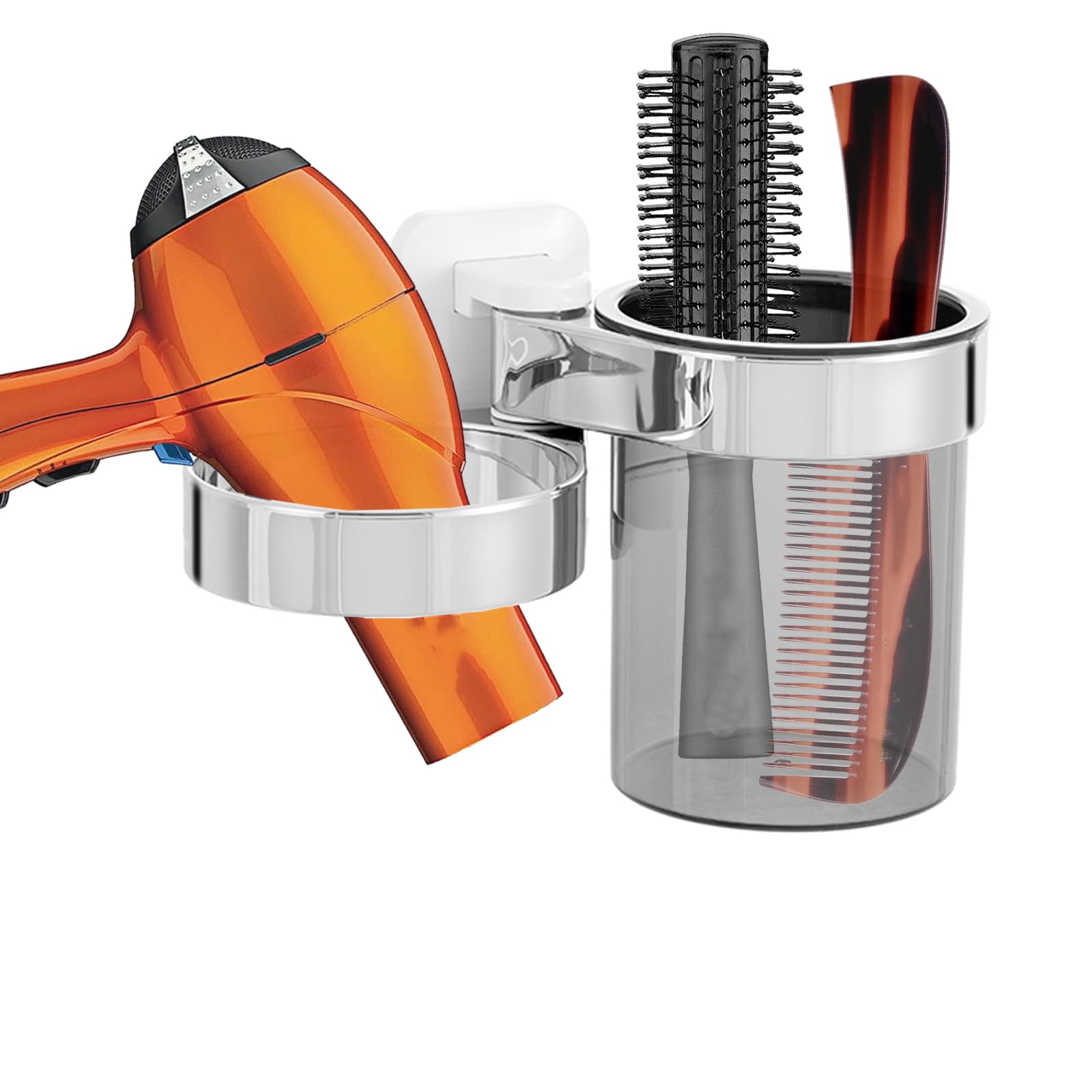 RAIKEDR Hair Dryer Holder, Bathroom Hair Dryer Holder With storage tray, Hair Care Tools Holder Wall Mount - Extra Large Rim (Silver+White, L 7.7”×W 4.1”×H 4.3”)