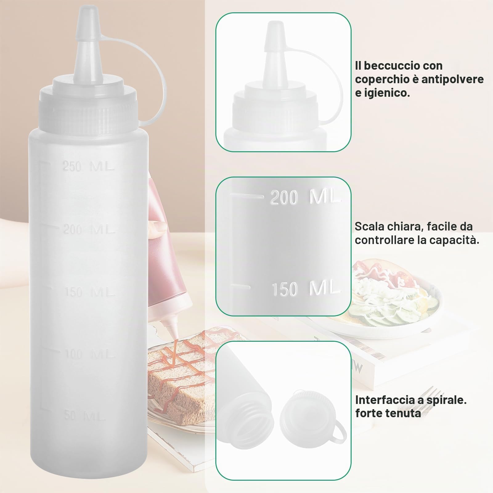 Flacone Dosatore 240ml Set 6 Pezzi Senza BPA Bianco – Flaconi Spremi Cucina Anti-Perdita, Bottiglia Salse Ketchup Senape Olio Oliva Salse Piccanti, Flacone per Pittura Decorazione Torte