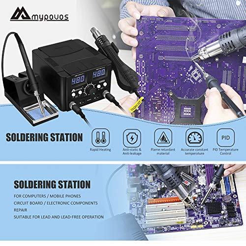 MYPOUOS 2 IN 1 750W LED Digital Soldering Station Hot Air Gun Rework Station Electric Soldering Iron For Phone PCB IC SMD BGA Welding SET 110V (8588D SET1)