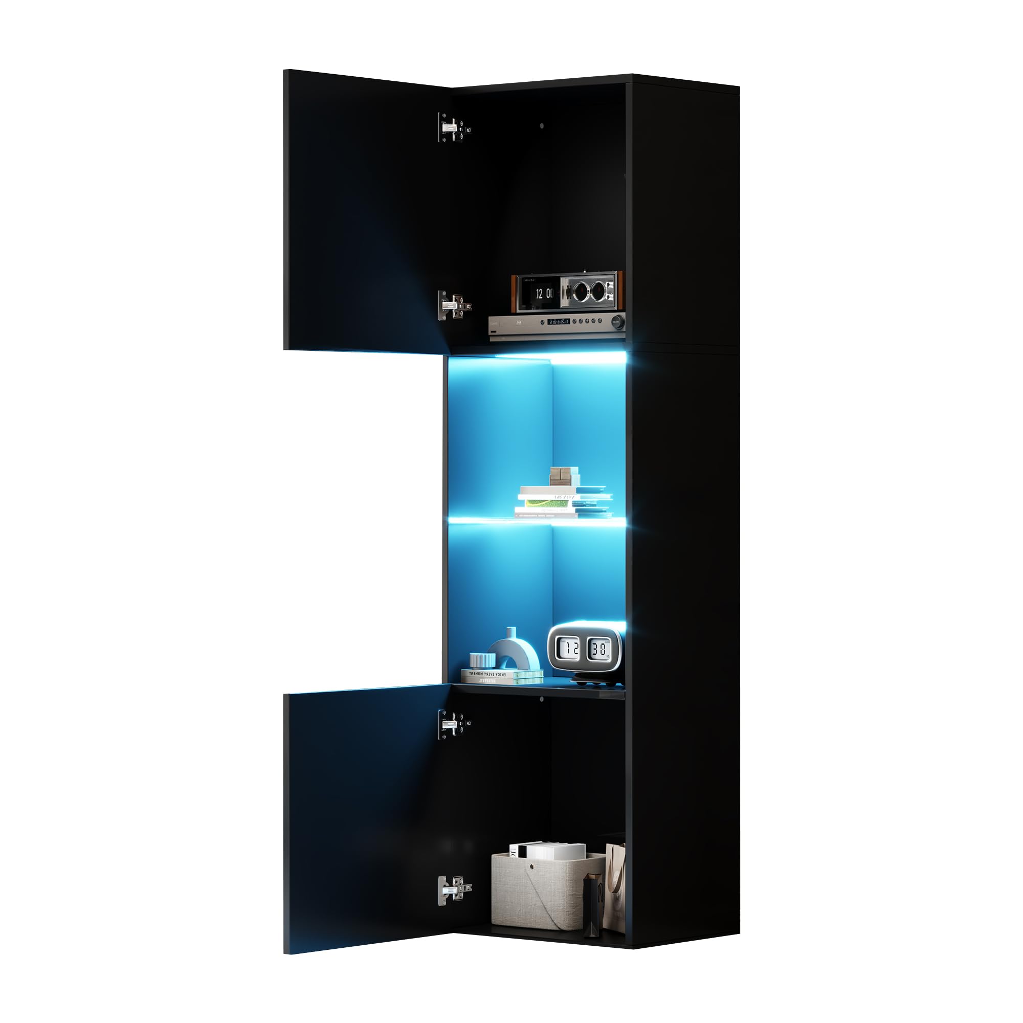 Merax Vitrinenschrank 160cm, Glasvitrine mit LED-Beleuchtung, Schwarz Hochglanz - Moderne Kommode mit viel Stauraum, Bücherschrank Hochschrank Highboard, Schrank für Wohnzimmer Küche Esszimmer Büro