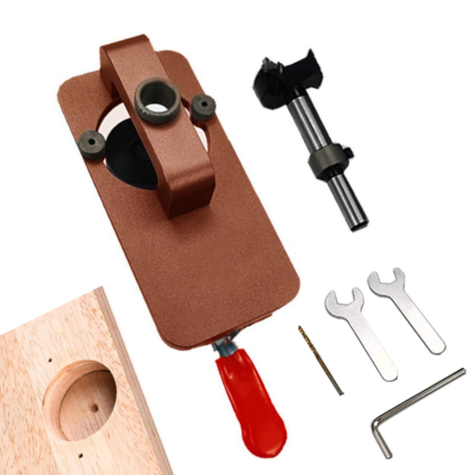 Dima per Cerniere da 35 mm, kit di guida per trapano con fresa per cerniera in lega di alluminio, apri fori per la lavorazione del legno per porta, armadio, guardaroba, mobili (Marrone)