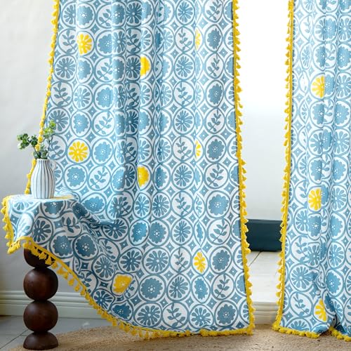 Image of Tranquebar Curtain Co. 152 cm (5 Feet), Blue & Yellow Geometric Print, 1 Piece, 100% Cotton Fabric,Eyelets- Window Curtain 5 Feet
