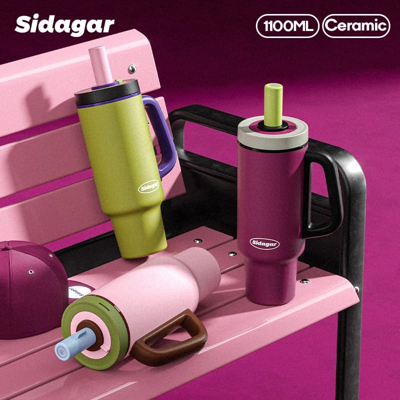 36 oz Tumbler with Handle and Straw, Ceramic Lined Water Bottle Vacuum Insulated Cup, Stainless Steel Travel Mug with Lid,Fits Cup Holder, Leak Resistant Press-in Lid, Orange - Image 9