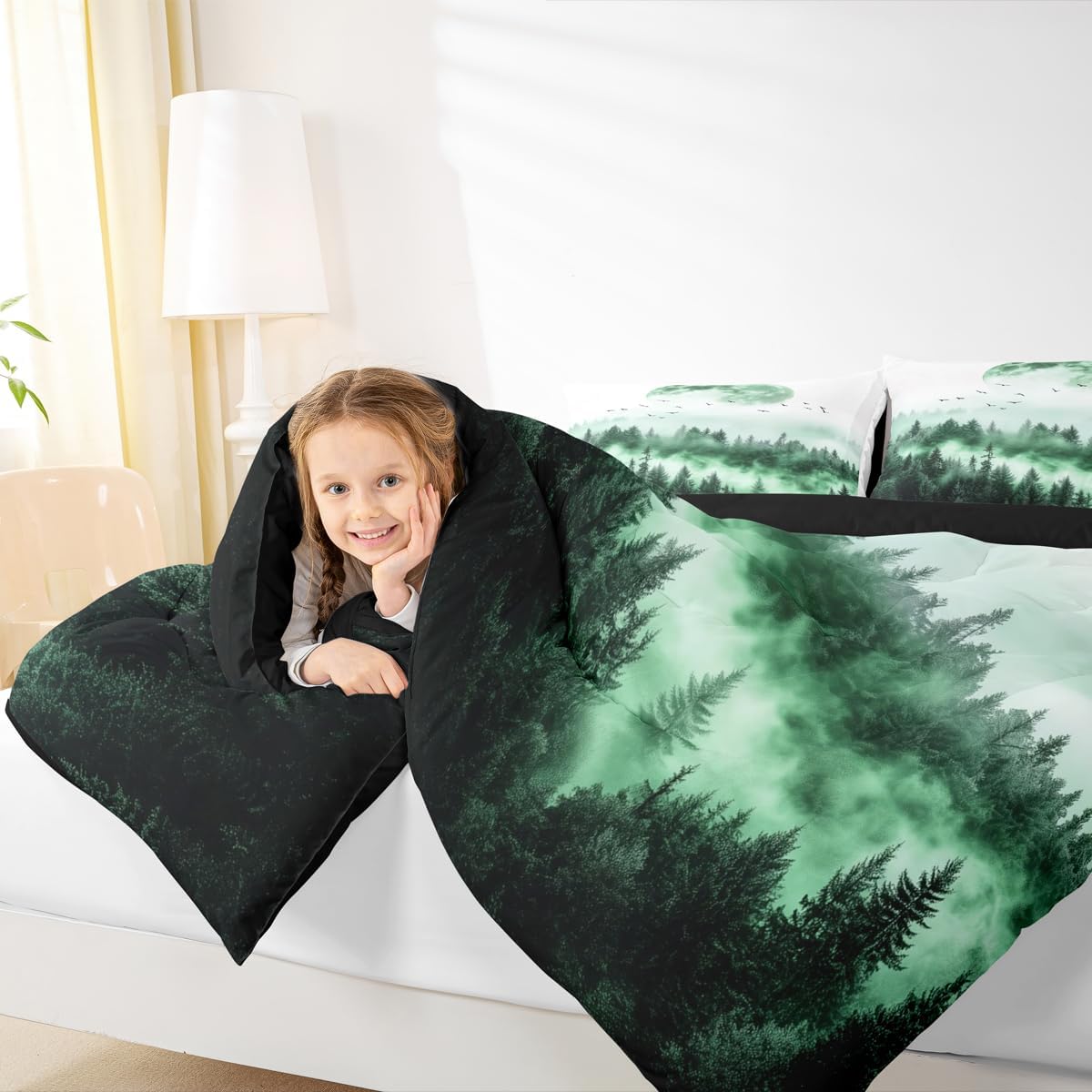 Erosebridal Smoky Mountains Comforter Set, Tree Pattern Down Comforter Natural Landscape Quilted Duvet Pine Plant Bedding Set, Decorative 2 Piece with 1 Pillow Case, Green White(Twin Size)