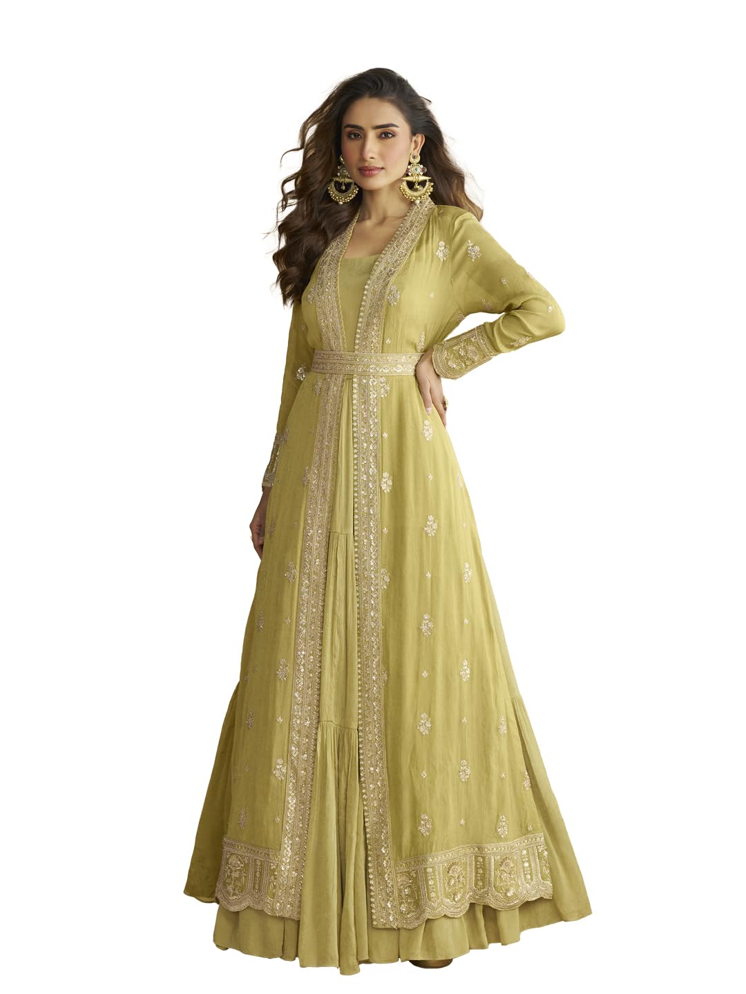 Parrotgreen Chinon Silk with Embroidered Work Gown with Shrug and Belt-image-24