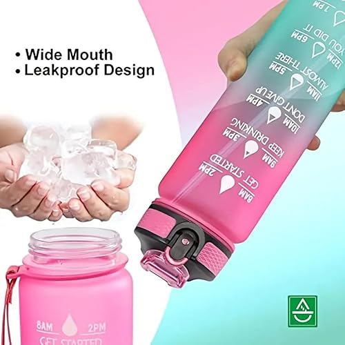 Miniatura 4 de Botella de agua deportiva de 32 onzas con marcador de tiempo y popote, cita motivacional y líneas de medición, a prueba de fugas y sin BPA (botella