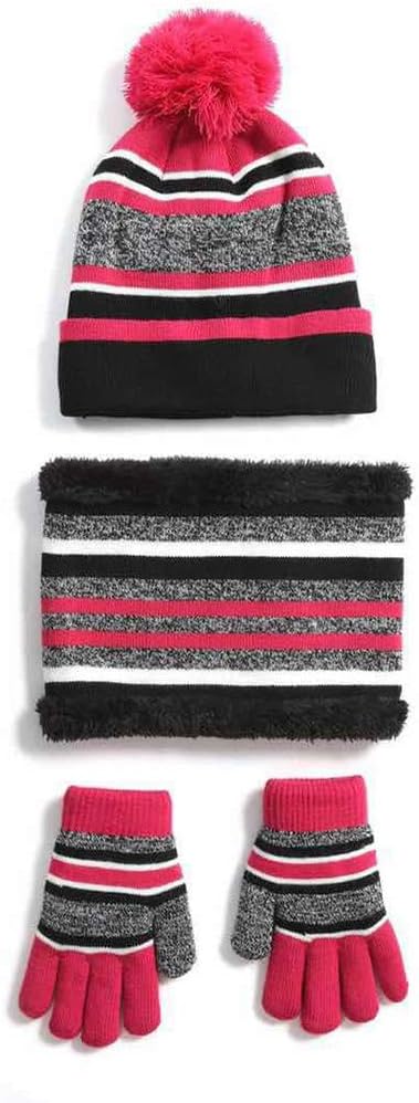 Scarf,Winter Beanie Hat Scarf Gloves Set for Kids Boys Girls Striped Skullcap Mittens Neck Warmer with Warm Fleece Scarf(Rose Red)