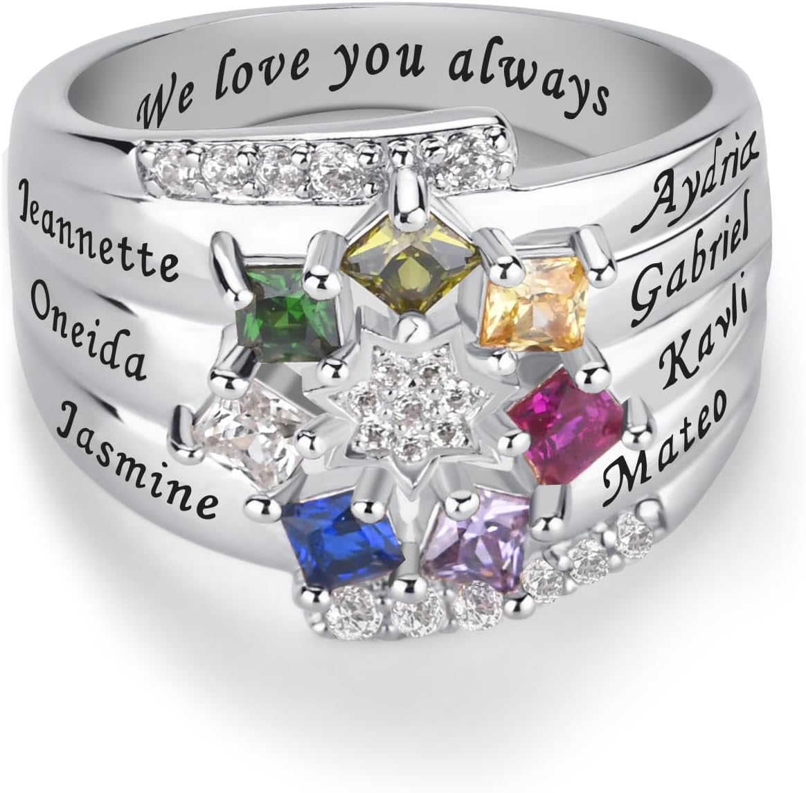 925 Sterling Silver Personalized Mom's Ring - Custom Birthstones & Engraved Names for 1-9 Family - Jewelry Gift for Mothers, Wife, Grandmothers