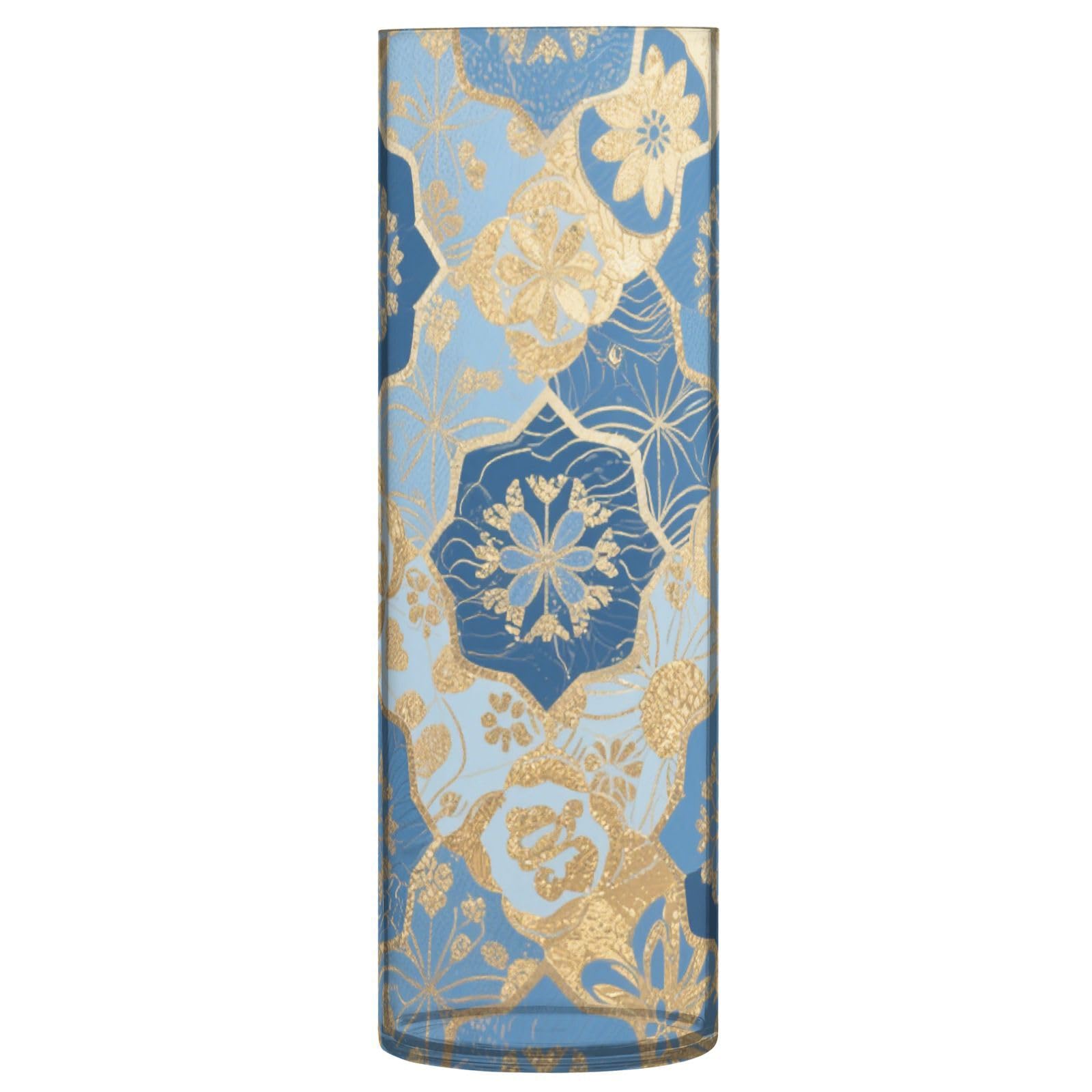 Vase cylindrique bleu et doré 30x10 cm à fleurs japonaises pour décoration de table