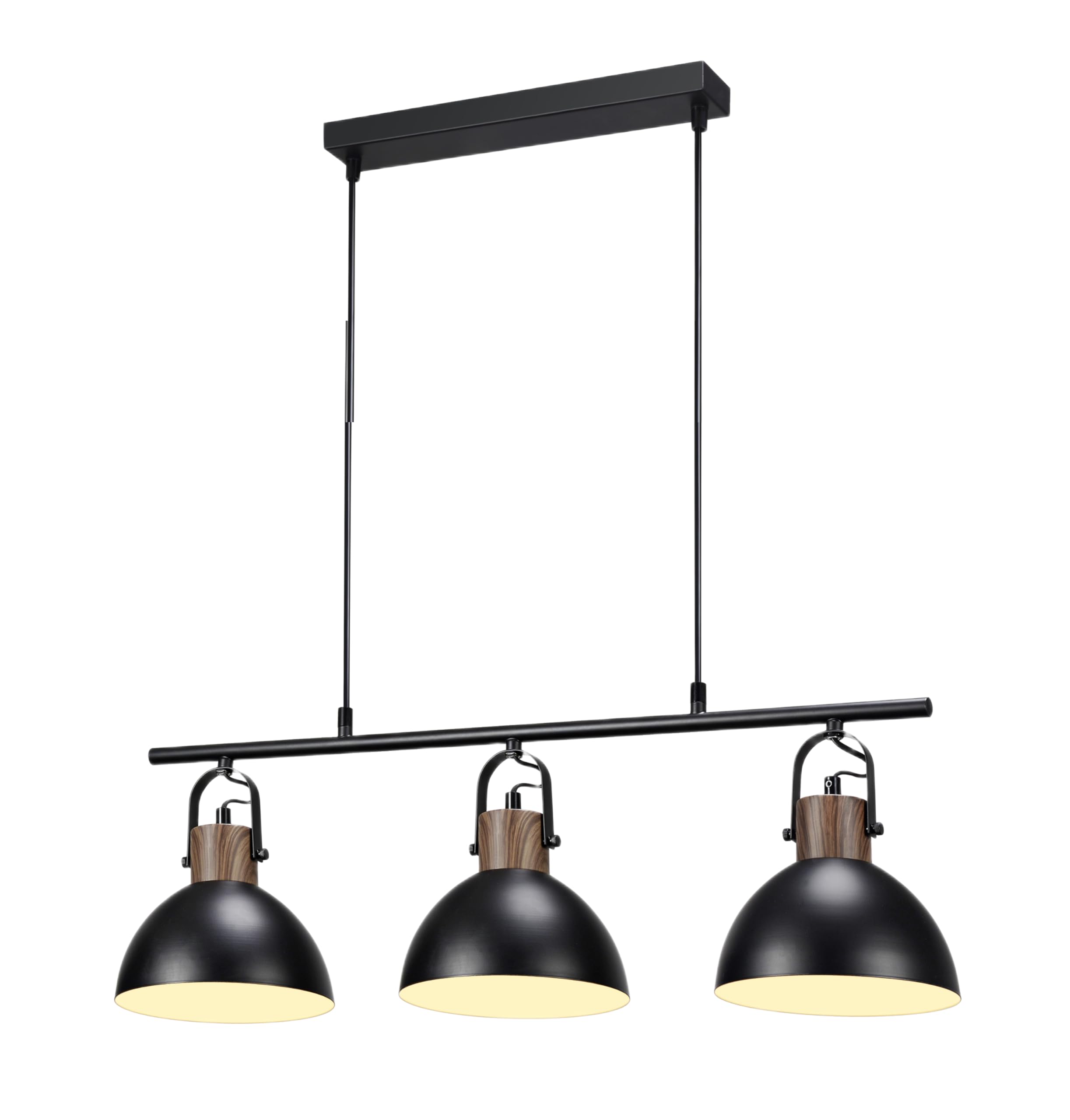 Lámpara Colgante de Techo Industrial de 3 Luces E27, Pantallas Blancas con Detalles en Madera, Estilo Vintage Rústico para Cocina, Comedor, Isla o Barra (Negro)